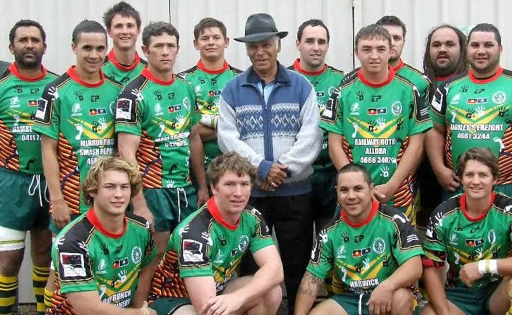 Wattles A-grade resplendent in their Reconciliation jerseys prior to running on against Goondiwindi at Platz Oval on Saturday. Back: Barry Glass (President), Burwood Robinson, Jordon Henry, Luke Baker, Carl Gale, Jason Nightingale, Robert McIntosh, Justin Van Der Poel, (centre) Anthony McIntosh, Russell McMillan (Coach), Barry Brown (Elder of the Kambuwal people), Michael Brackin, Walter McIntosh, Wally McIntosh (assistant coach), (front) Liam Ross, Glen McMillan (captain/coach), Josh McIntosh and Aaron Scheid. Wattles A-grade resplendent in their Reconciliation jerseys prior to running on against Goondiwindi at Platz Oval on Saturday. Back: Barry Glass (President), Burwood Robinson, Jordon Henry, Luke Baker, Carl Gale, Jason Nightingale, Robert McIntosh, Justin Van Der Poel, (centre) Anthony McIntosh, Russell McMillan (Coach), Barry Brown (Elder of the Kambuwal people), Michael Brackin, Walter McIntosh, Wally McIntosh (assistant coach), (front) Liam Ross, Glen McMillan (captain/coach), Josh McIntosh and Aaron Scheid.